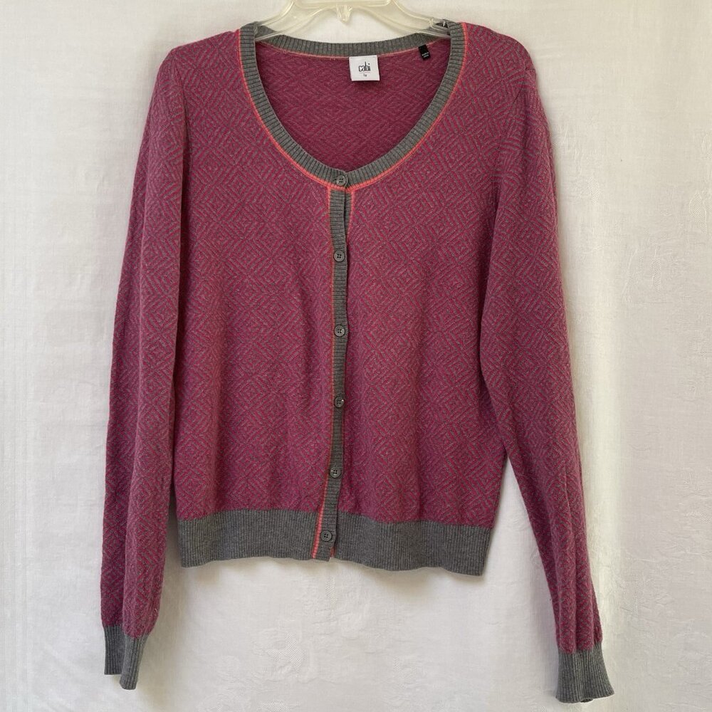 Cabi Womens Large PinkGray Geometric Design Cardigan Knit Fall Boho Cottage‎